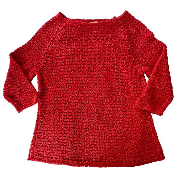 CHICOS Women's Size 1 Med Red Coral 3/4 SLV Crochet Knit Cotton Pullover Sweater - Picture 1 of 4